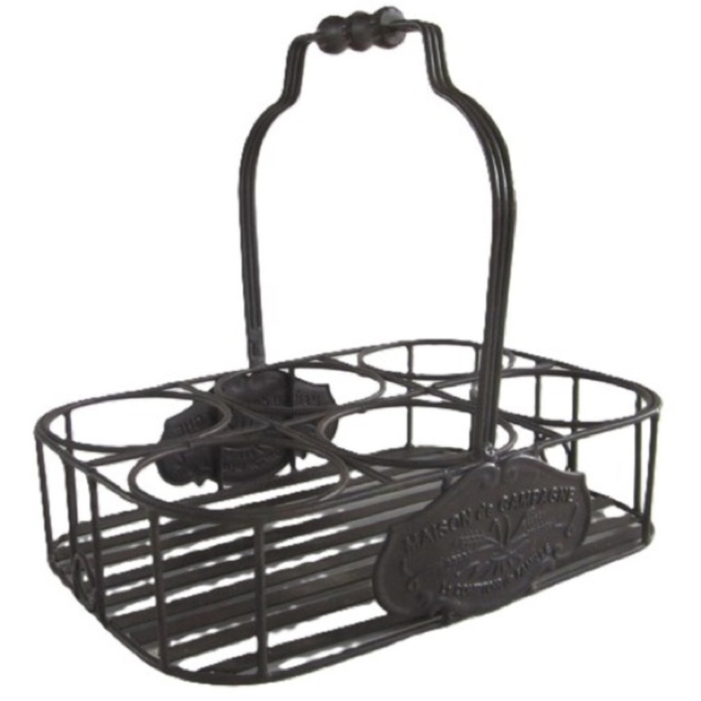 VINTAGE French bottle carrier rustic metal country drink glass caddy basket